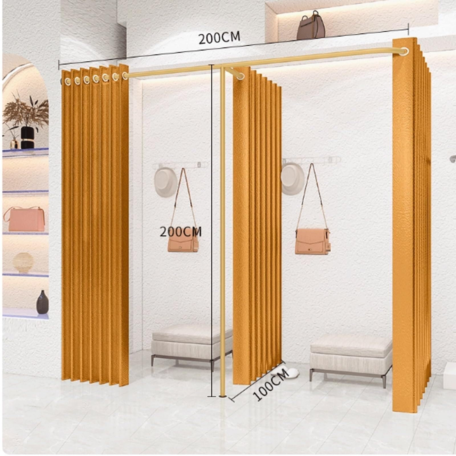 spogliatoio Spogliatoi a forma di F con tenda ombreggiante, camerino doppio temporaneo portatile for ufficio del centro commerciale negozio(Giallo)
