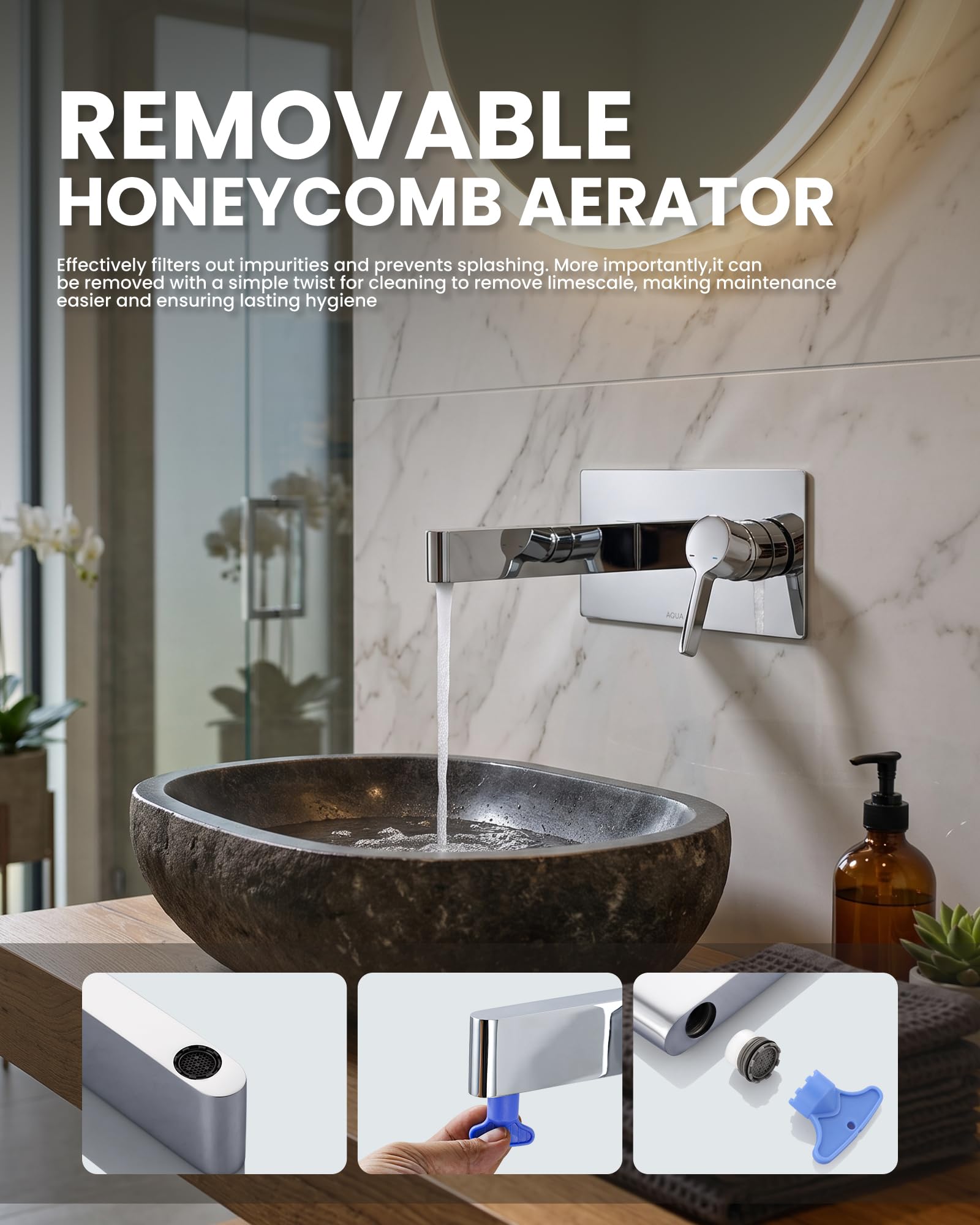 ARCORA Grifo de Lavabo Empotrado de Cobre y Acero Inoxidable, Monomando, Montaje en Pared, con Aireador, Montaje Empotrado para Lavabo, Cromado