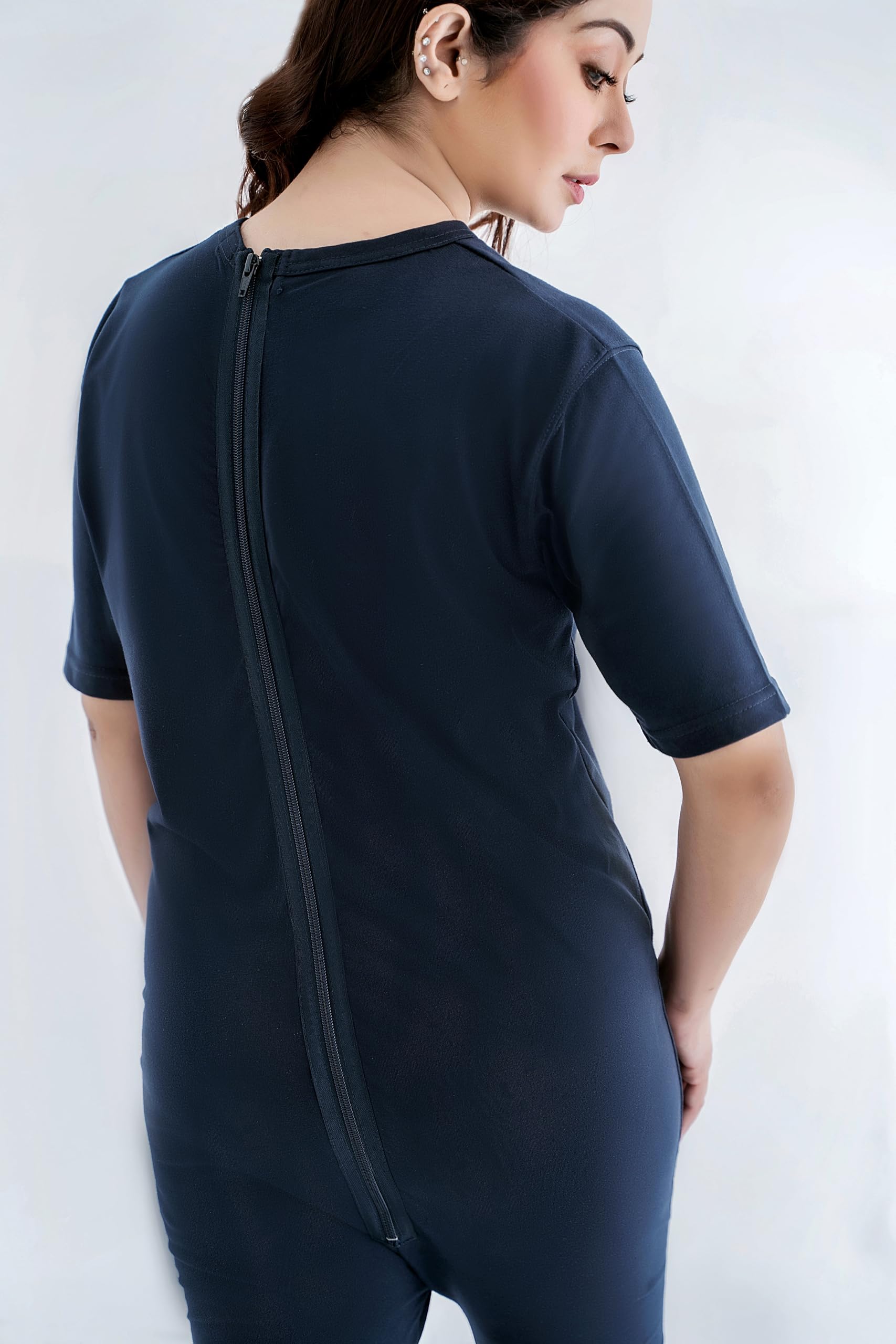 Comfort & Care Apparel Unisex Care Body Undershirt i majtki piżama, krótki rękaw, ciemnoniebieski garnitur z zamkiem błyskawicznym z tyłu, nietrzymanie moczu dla seniorów i demencji