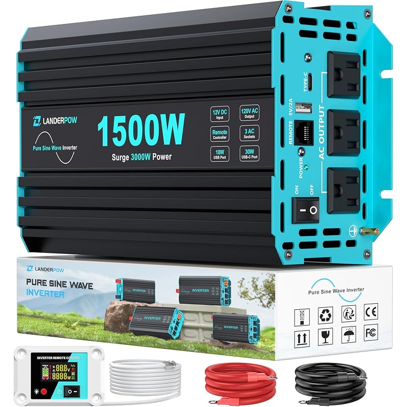 Inversor de Energia LANDERPOW 1500 W 12 V CC para 120 V CA com Onda Senoidal Pura, 3 Tomadas, USB e USB-C