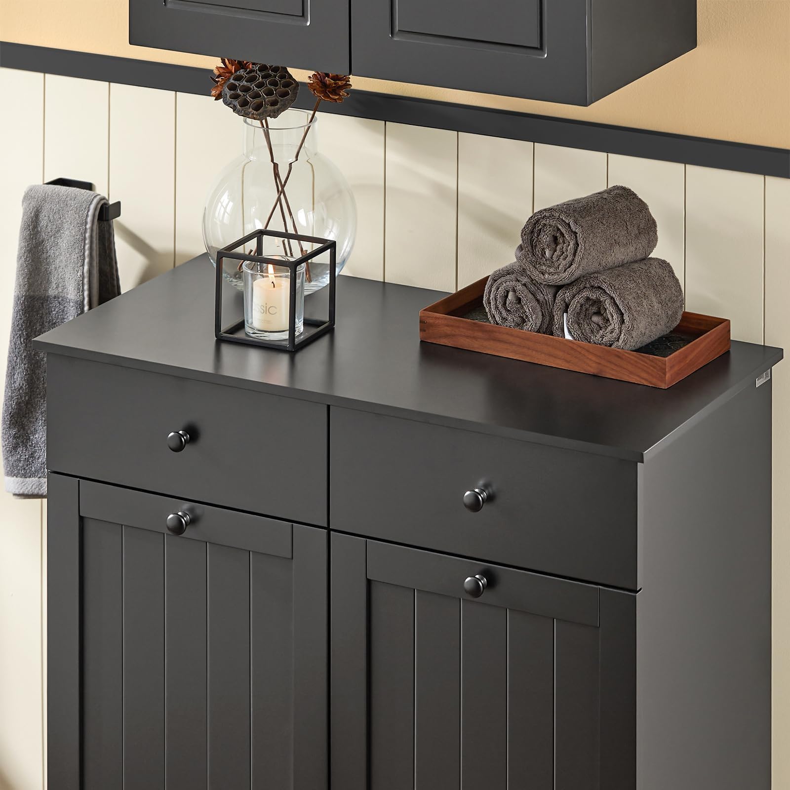 SoBuy Mobile bagno con portabiancheria - Mobiletto bagno salvaspazio con 2 cassetti e 2 sacchi estraibili - Mobile lavanderia per ingresso o cucina in MDF, Nero, 78x38x90cm, BZR33-II-SCH