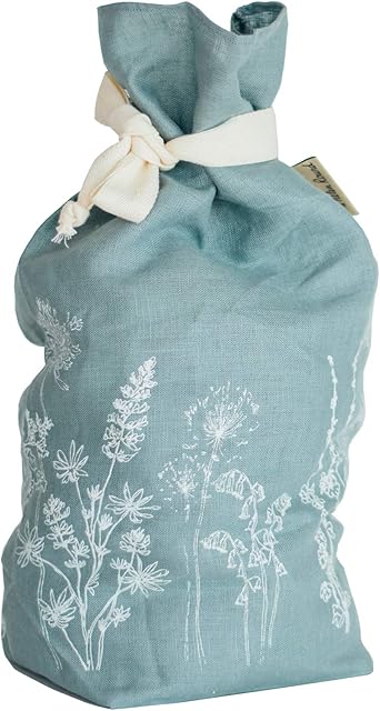 Plastic Free, Reusable Linen Bread Bag in Duck Egg Blue. Handprinted With Cottage Garden Flowers, Helps To Keep Your Bread Fresher For Longer, Made In Cornwall UK. Measures approx: 42cm x 28cm x 12cm