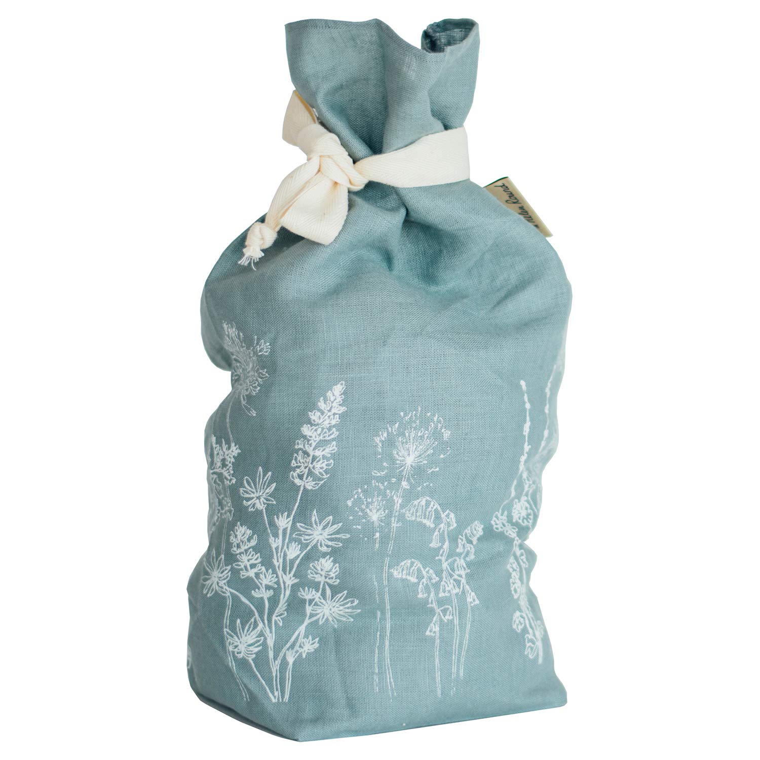 Helen Round Duck Egg Blue Plastic Free, Reusable Linen Bread Bag In Handprinted With Cottage Garden Flowers, Helps To Keep Your Bread Fresher For Longer, Made In Cornwall Uk. Measures Approx: 42Cm X 28Cm X 12Cm