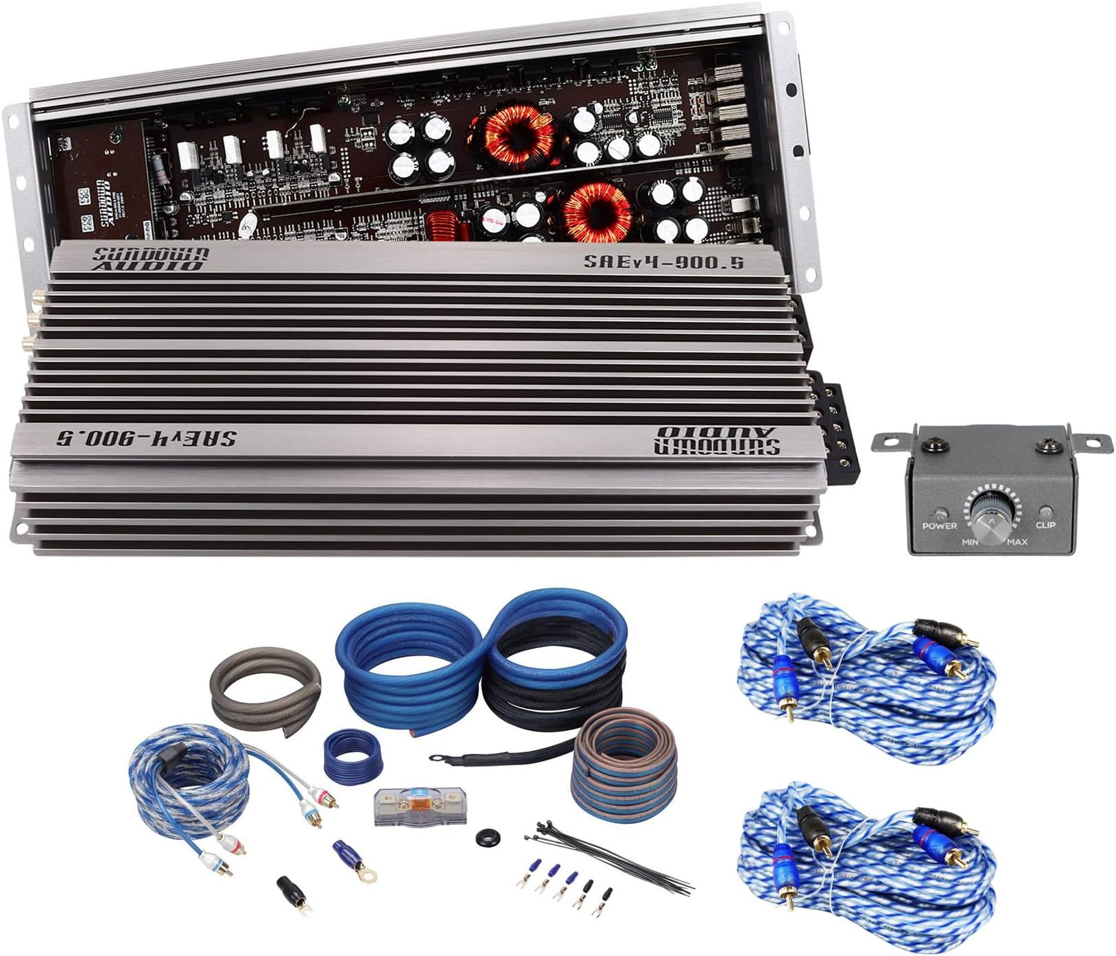 Sundown Audio SAEv4-900.5 Bundle: 980-Watt RMS 5-Channel Car Amplifier, RWK4CU 4 AWG OFC Amp Wiring Kit, (2) RTR172 17 ft 2-Channel RCA Cables, 4-Items