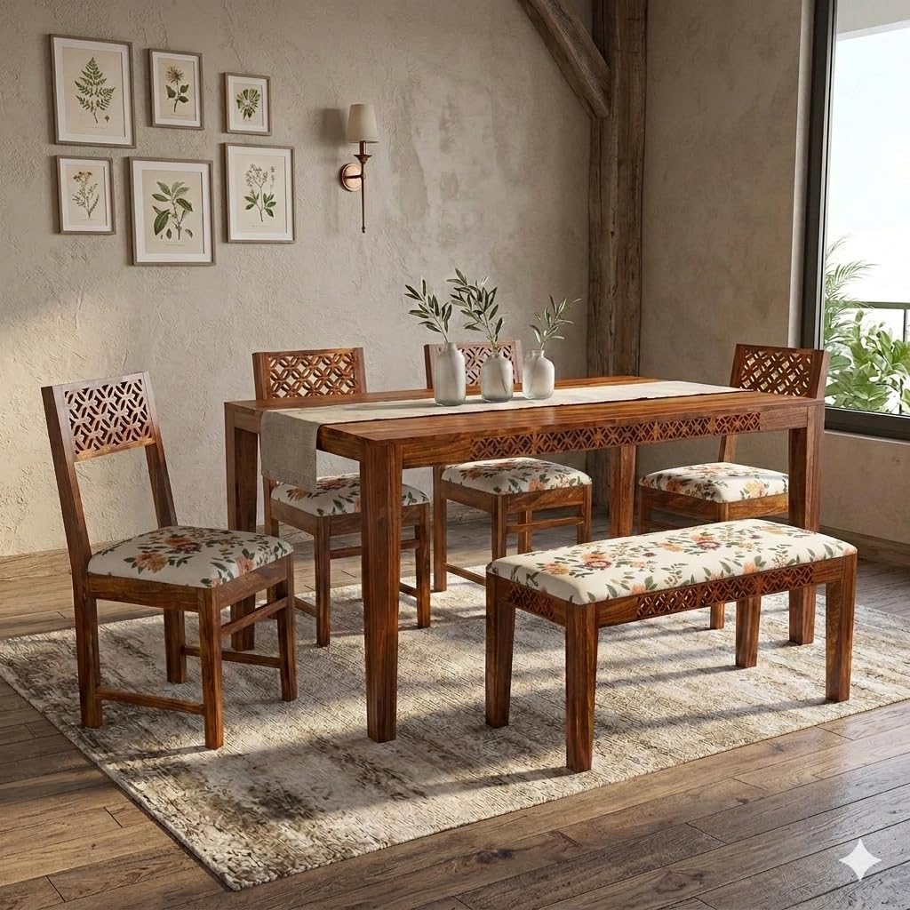 KENDALWOOD™ Furniture | Dining Room Furniture | Wooden Dining Table with 4 Chairs & 1 Bench | Solid Wood 6 Seater Dining Set (Honey Finish with Cushions) -DIY(Do-It-Yourself) | 1 Year Warranty |