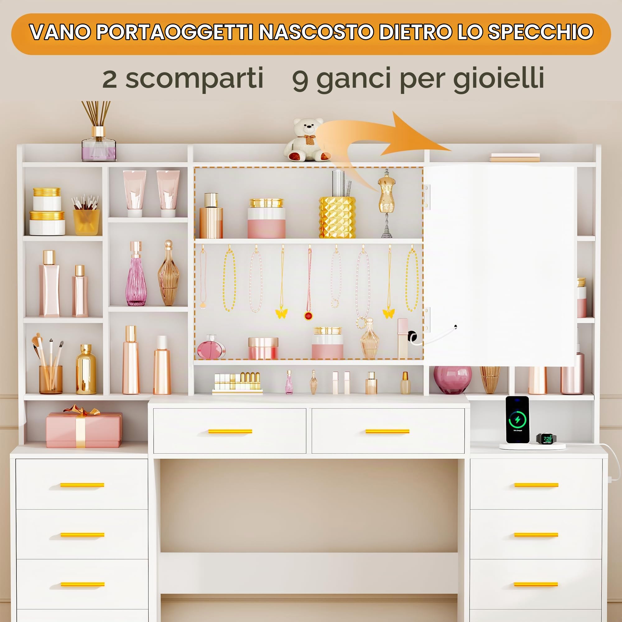 ANWBROAD 150cm Toeletta da Trucco con Specchio e Luci LED Ripiani nascosti