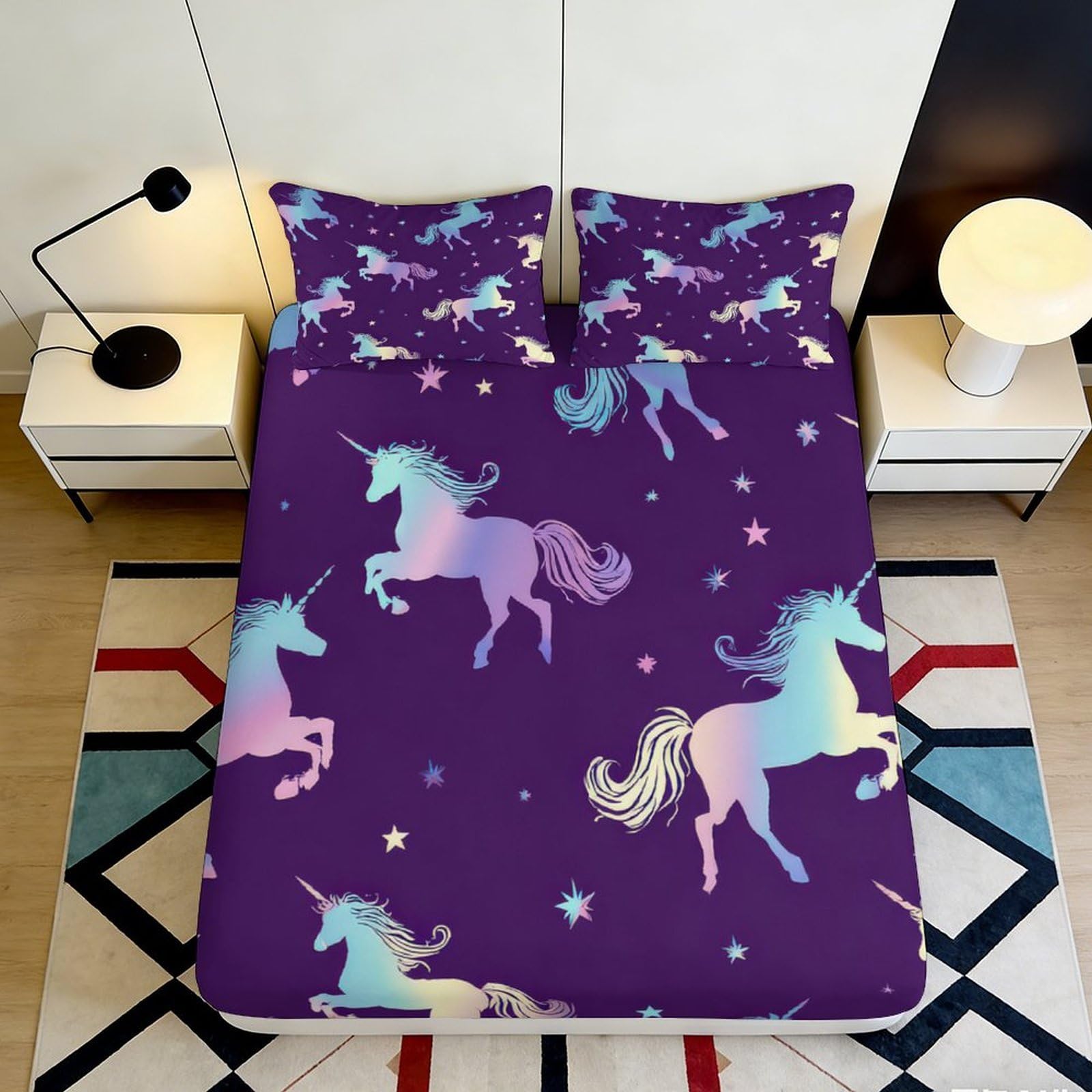 3D Printed Pastel Unicorn Fitted Sheet Microfiber Soft Purple Rainbow Mattress Cover Bedroom Decor Dustproof 90x200x25cm