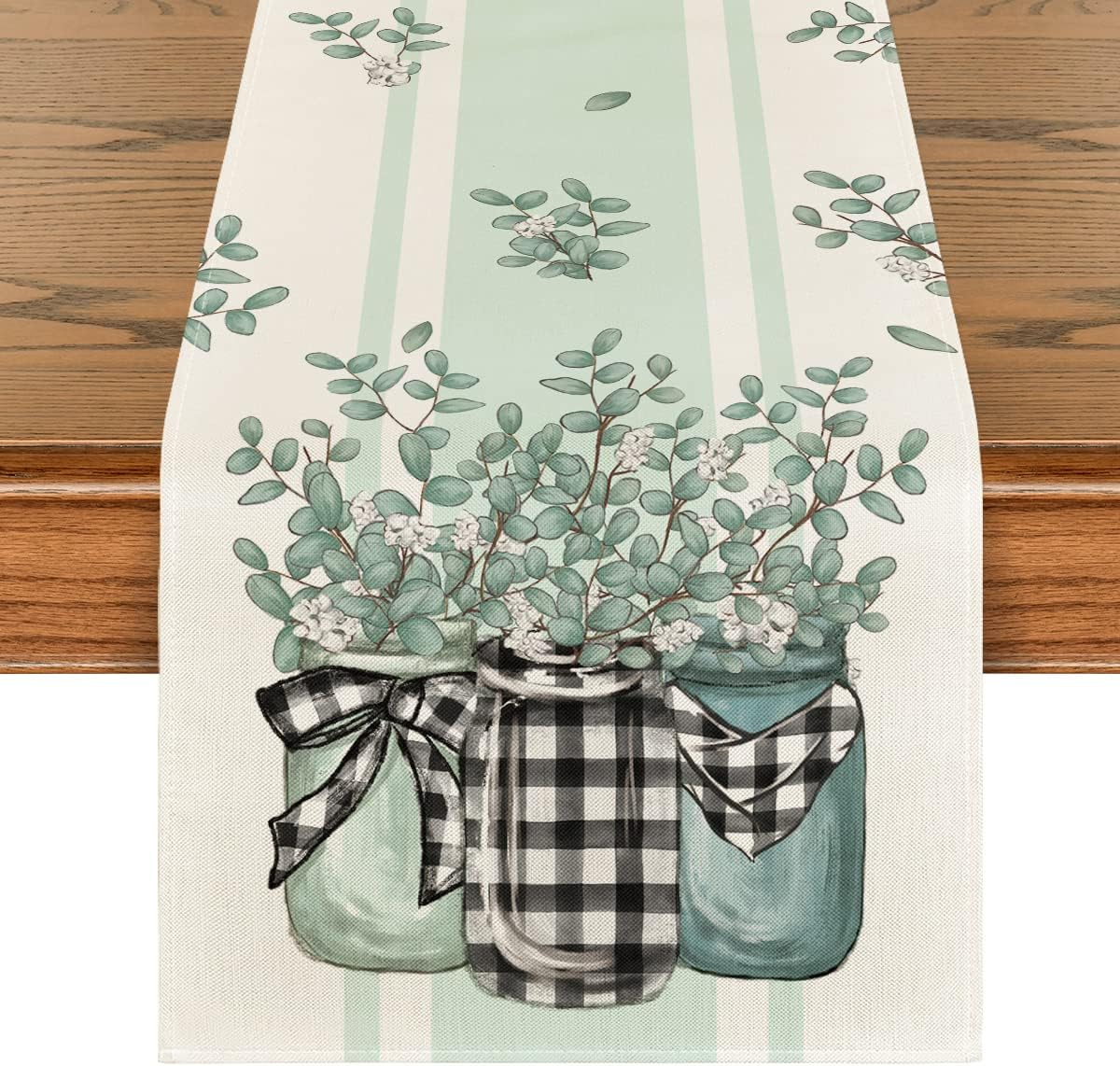 Artoid Mode Buffalo Plaid Eucalyptus Vases Table Runner 13x72 Inch - Summer Spring Kitchen Dining Home Party Decor