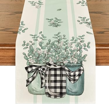Artoid Mode Buffalo Plaid Eucalyptus Vases عداء طاولة الصيف ، زخرفة طاولة المطبخ الربيعية لديكور الحفلة المنزلية 13x72 بوصة