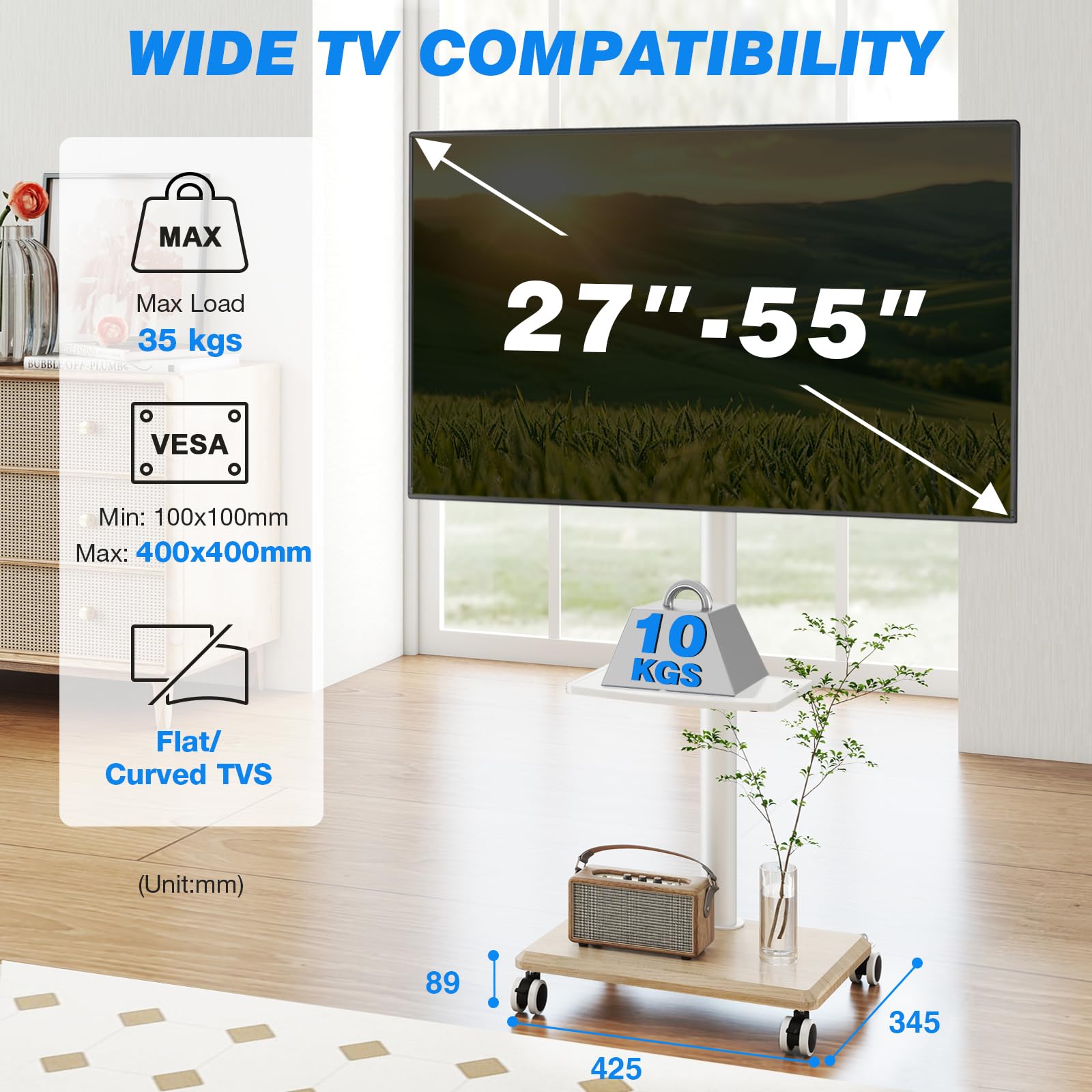 5Rcom Support TV roulettes Blanc Pied TV pour Télé de 27-55 Pouces, Réglable en Hauteur et Pivotant Support TV sur Pied avec roulettes Meuble Support TVs avec Base en Bois VESA Max 400x400mm Max 30kg