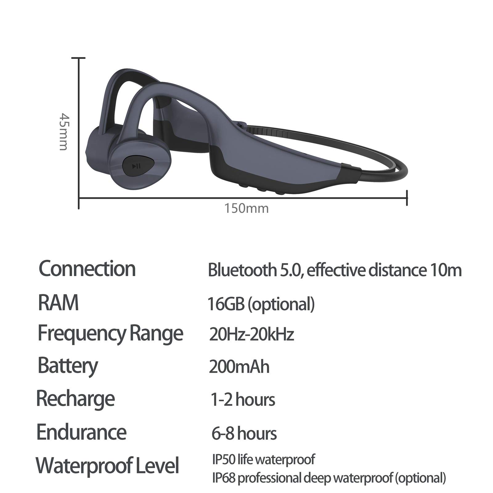 Cuffia a conduzione ossea 2 in 1 16 GB Lettore Mp3 Bluetooth 5.0 Auricolare k7 per la vita Salute Impermeabile Corsa Fitness Sport Headset (Grigio)