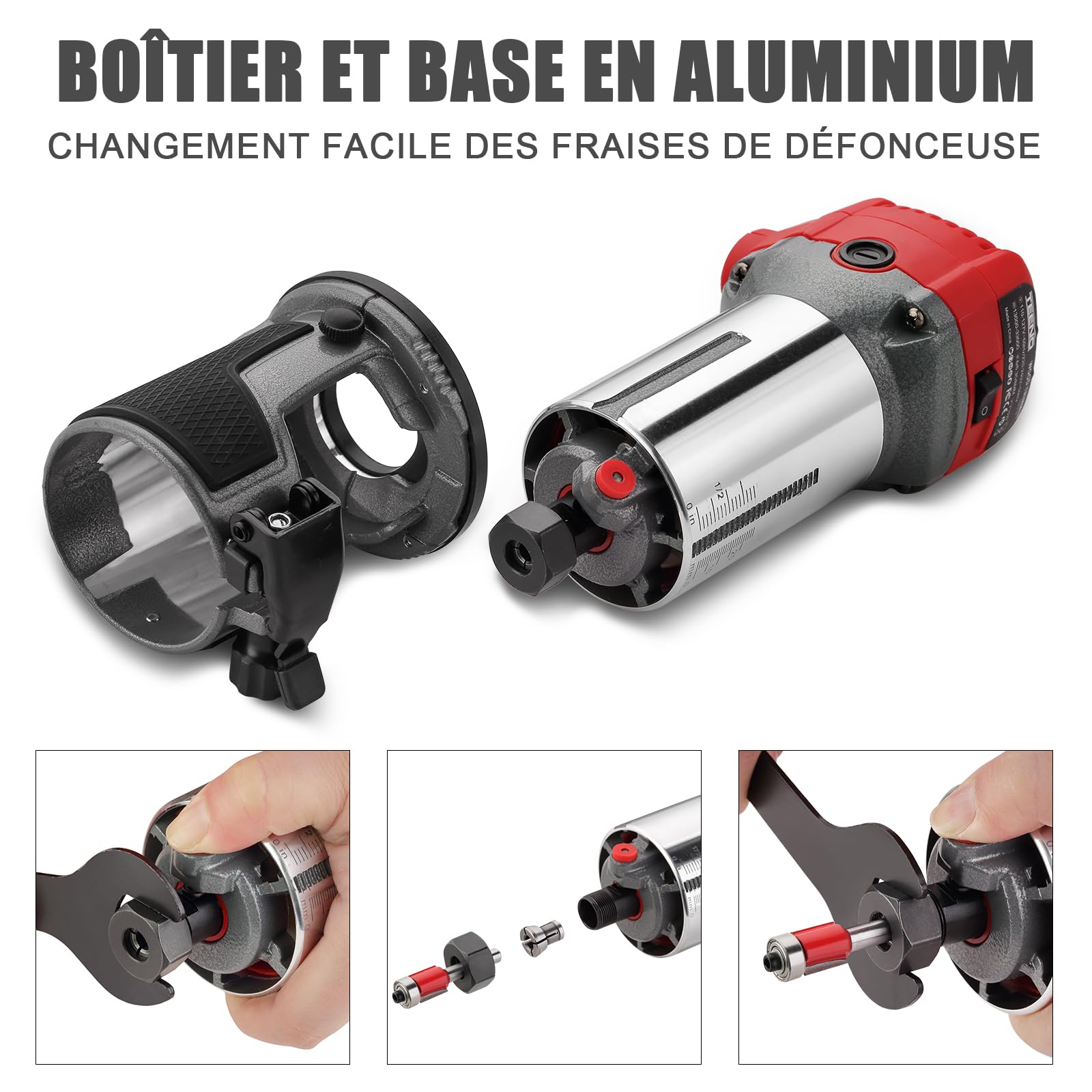 TEENO à Bois Défonceuse Affleureuse électrique 800W, Affleureuse à Bois Défonceuse 13000-33000RPM,15 Fraises à Défoncer Queue de 1/4",6 Vitesses Variables,3 Pinces de 6/6.35/8mm,Boite en Plastique