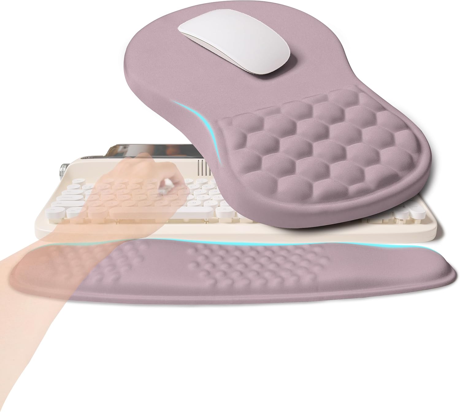 2-in-1 Ergonomic Set, Wave Rise Keyboard Wrist Rest and Massage Bulge Slope Mouse Pad Wrist Support, Cushion Memory Foam Integrated to Relieve Wrist Pain, Purple