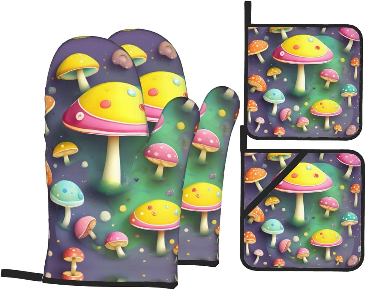 Colorful Dream Mushroom Oven gloves and heat-resistant mat 4-piece set. Suitable for grilling, microwave oven frying, and baking