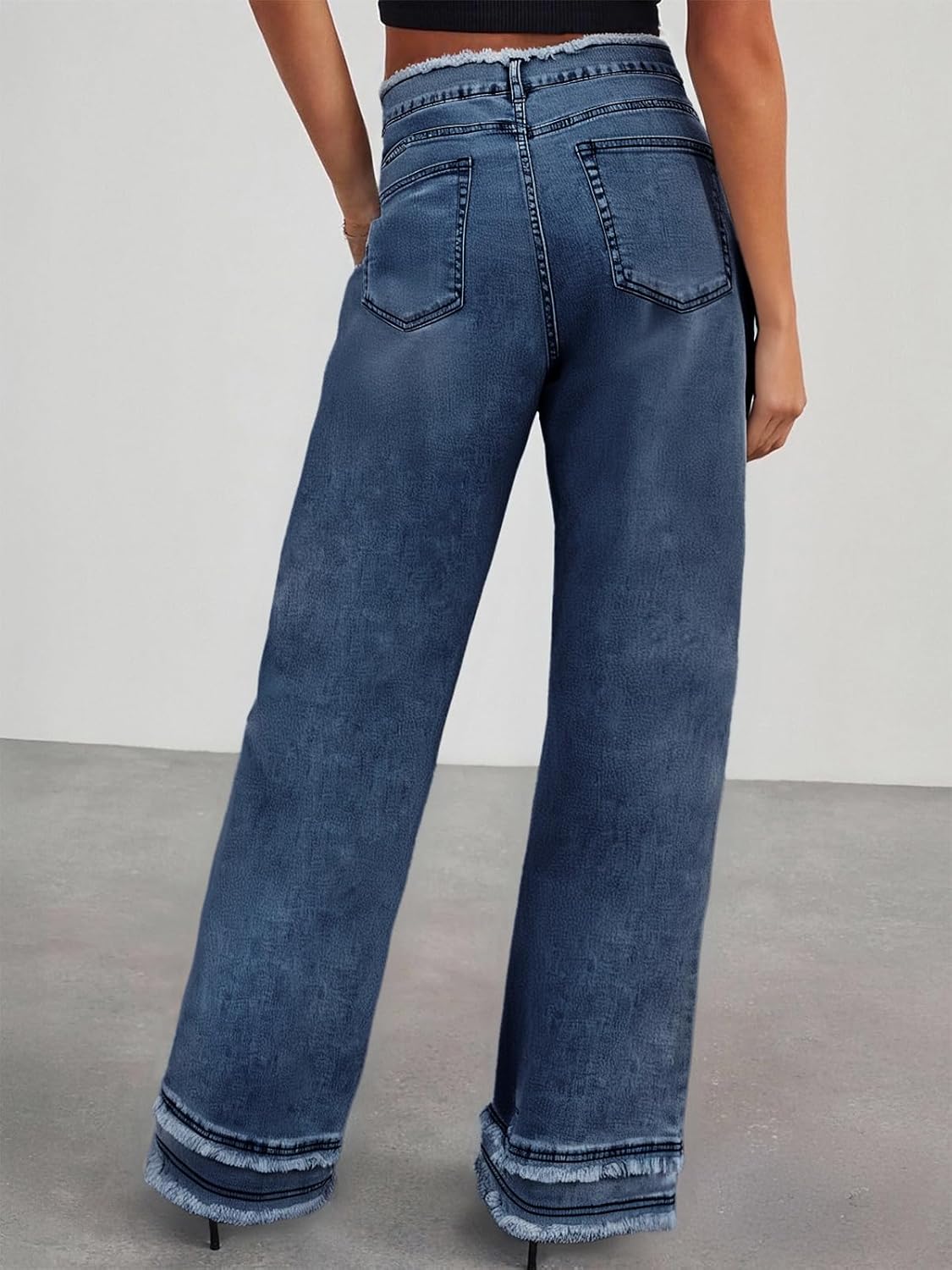 Women's Wide Leg Jeans Stretchy High Waisted Baggy Jeans 2026 Trendy Loose Fit Frayed Raw Hem Denim Pants - Image 3