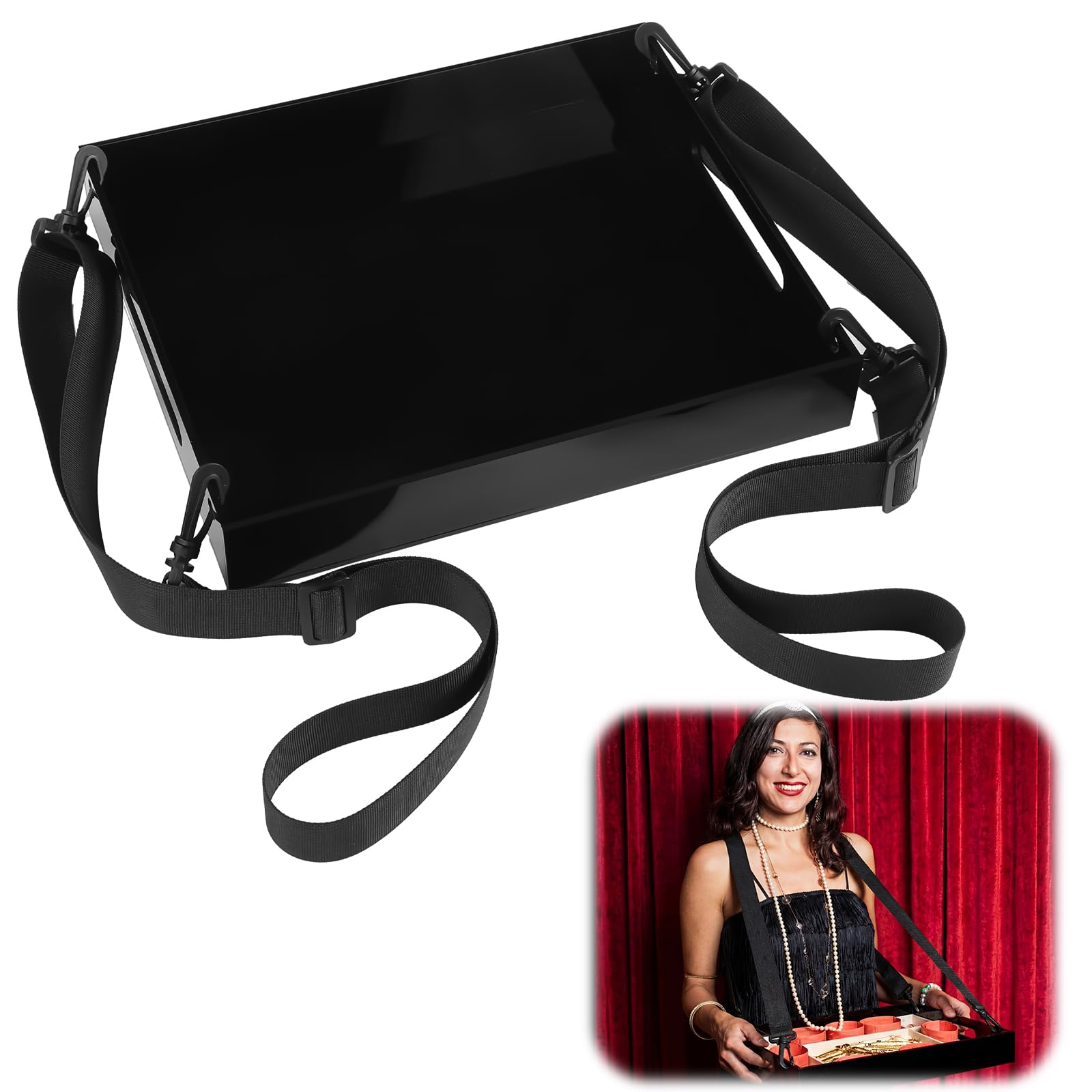 Photo 1 of Novabright Acrylic Snack Serving Tray with Adjustable Strap 13 x 11 x 2 Inch Wearable Snack Serving Trays Carrier Tray for Girl 20's Theme and Movie Night Party Carnival(2 Pack,Black)