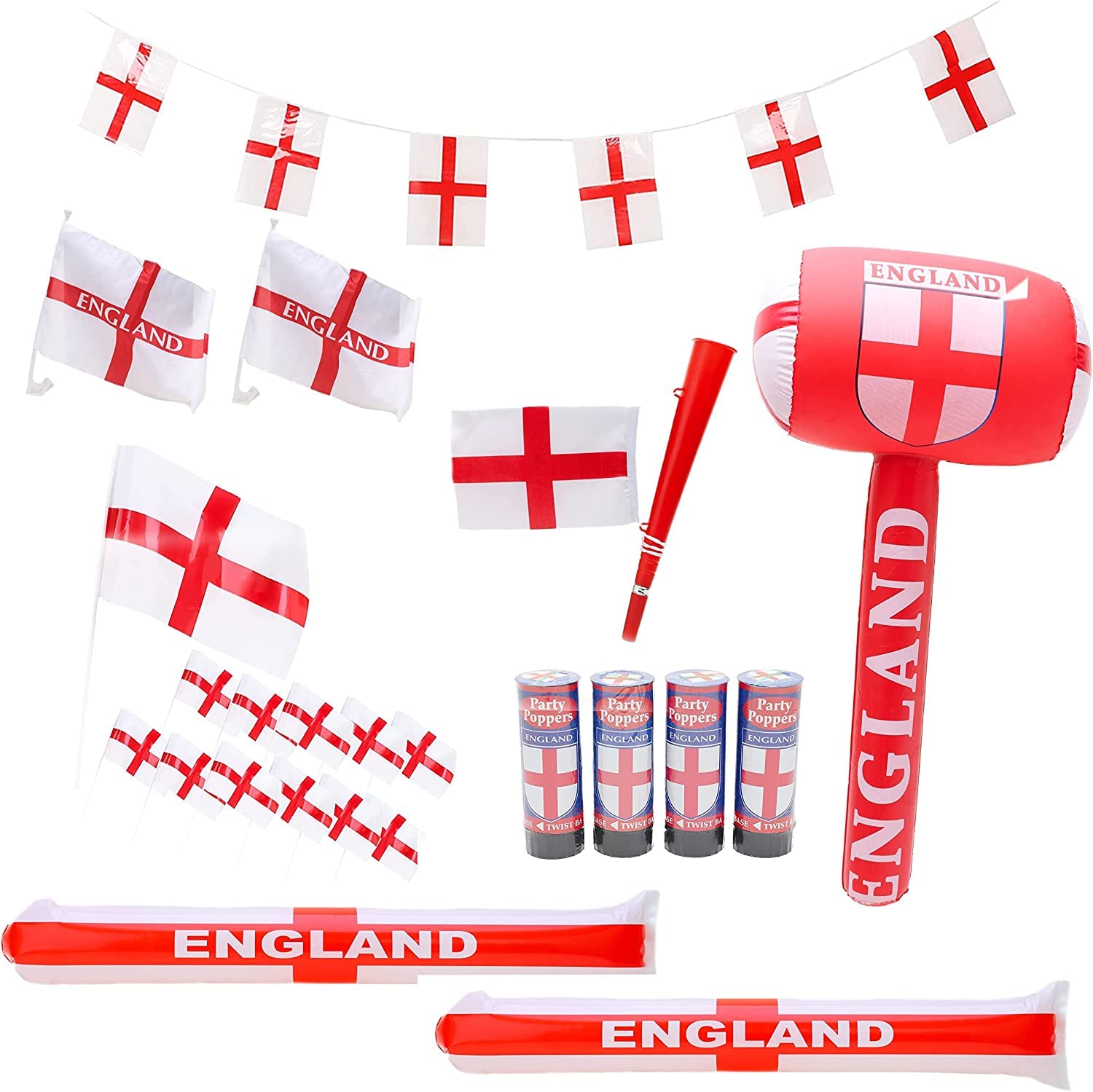 Toyland® 24 Piece England Party Bundle – Inflatable Hammer, 2 x Car Flags, Flag & Horn, 2 x Bang Bang Sticks, 12 x Hand Flags, 10m Bunting & 4 x Party Poppers - Euros & World Cup
