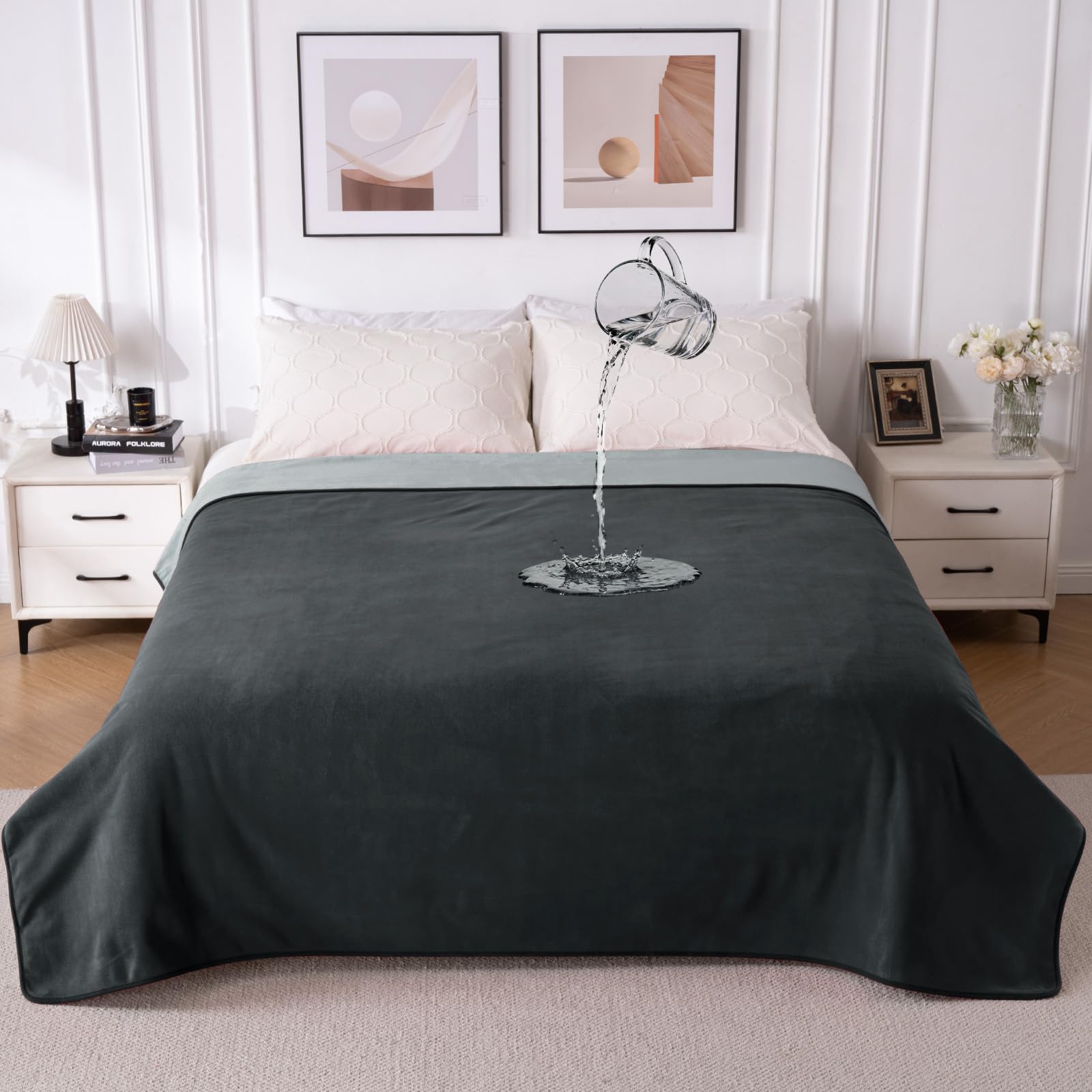QIYI Waterproof Blanket for Bed, Large Washable Reversible Bed Cover, Leakproof Spill-Proof Furniture & Mattress Protector for Pets Dogs Cats, 203x229cm, Dk Grey/Lt Grey