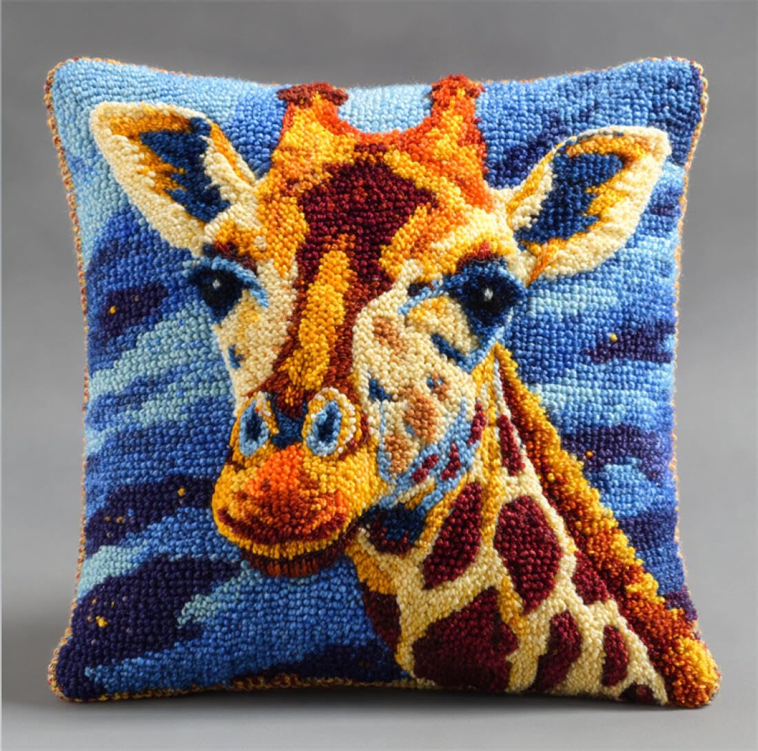Kitquiver Animal Latch Hook Cushion Kits Cartoon Giraffe DIY Tapestry Throw Pillow Cover Needlepoint Cushion Kits for Home Décor Needlework Kit for Beginners 17x17In