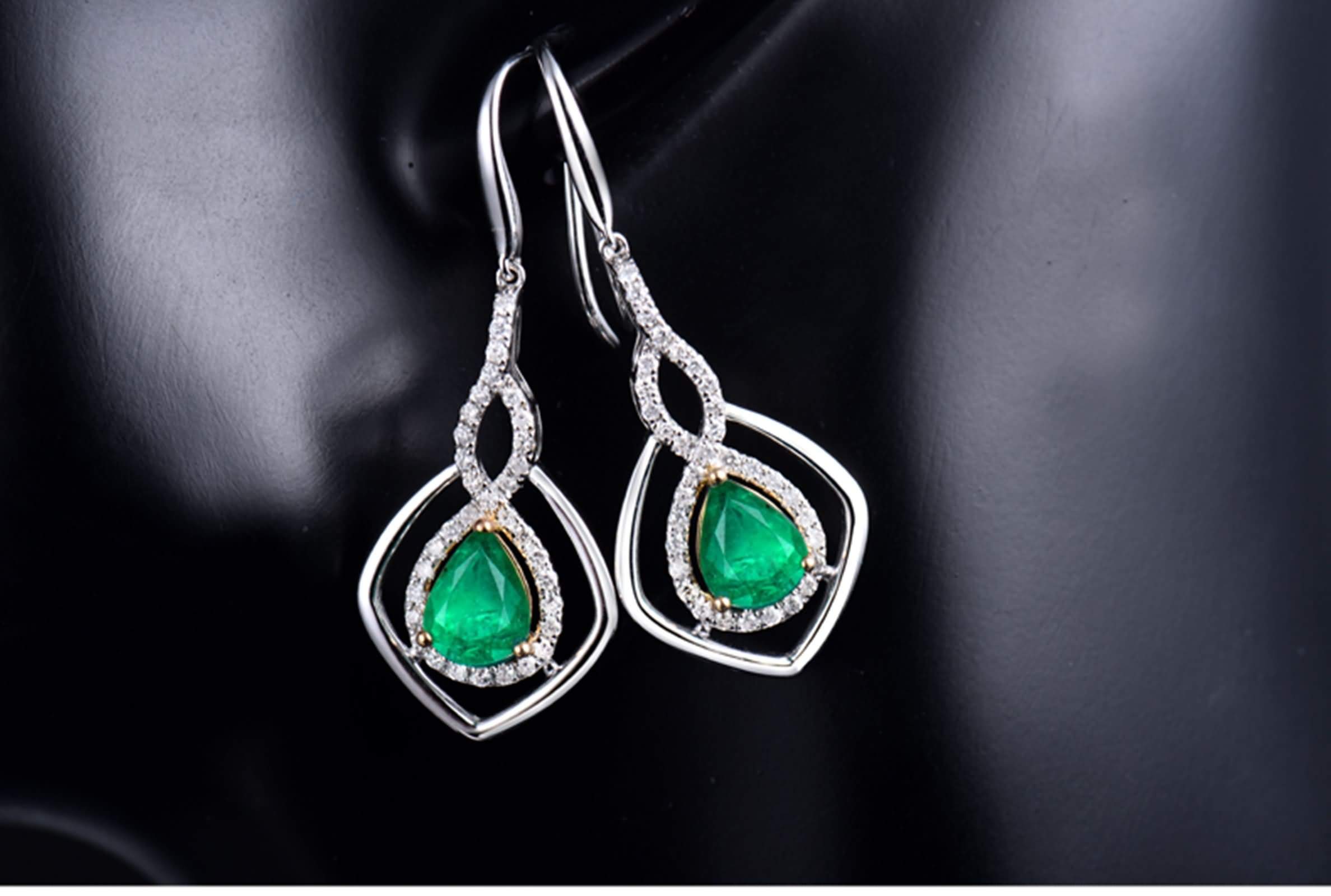 Epinki 18K Weißgold Ohrringe Silber Hängend, Anhänger Ohrstecker mit Smaragd 2.32ct Grün, Freundschaft Geschenk, Weiß Gold