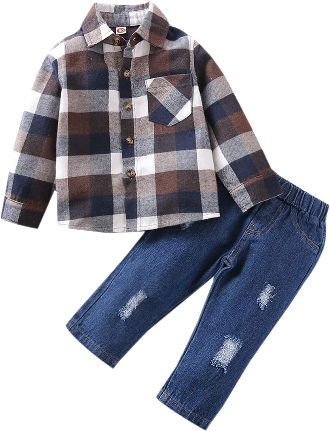 Z-MENG Baby Kids Boys Long Sleeve Plaid Shirt Tops+Ripped Jeans Pants Set Outfits Clothes