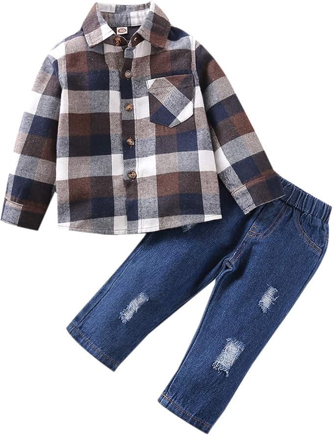 Janly Clearance Sale Baby,Clothing,Baby Girls 0-24m,Outfits & Clothing Sets 0-5 Years Old Girls Outfits Set, Toddle Baby Kids Boys Plaid Checked Shirt Tops+Ripped Jeans Set Outfits Clothe, Nice Easter Gifts, Baby Clothing Set