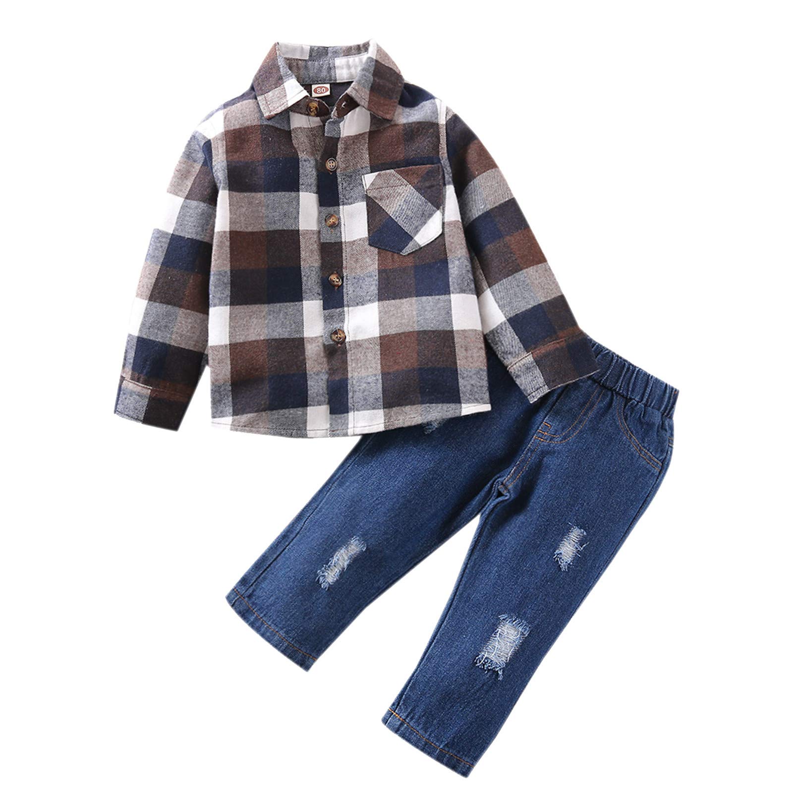 Z-MENG Baby Kids Boys Long Sleeve Plaid Shirt Tops+Ripped Jeans Pants Set Outfits Clothes