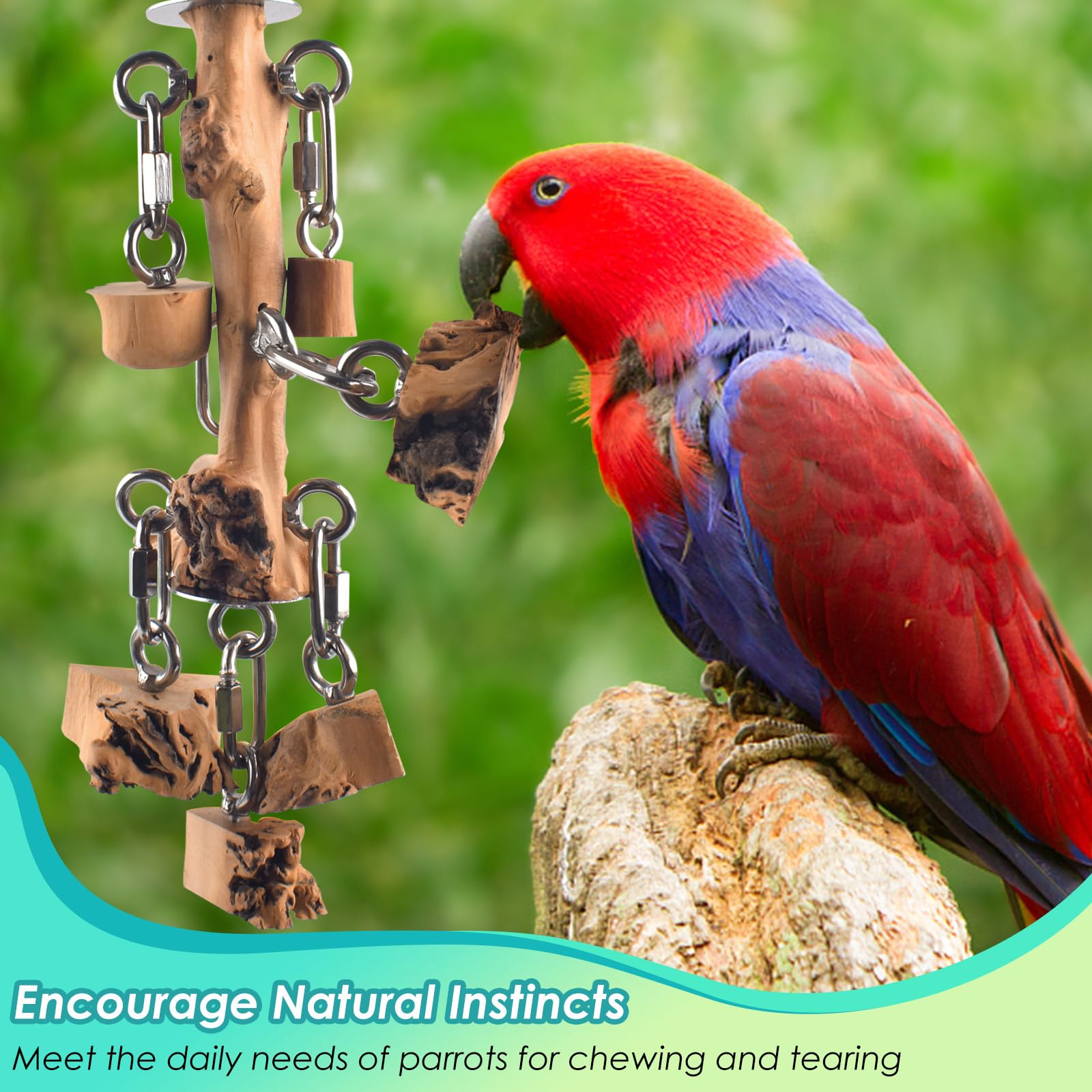 Bird Toys for Parrot, Durable Stainless Steel Large Birds Chew Toy, Hanging Detachable Natural Hardwood Blocks for Medim to Large Eclectus, African Greys, Amazon Parrot, Cockatoo - image 6