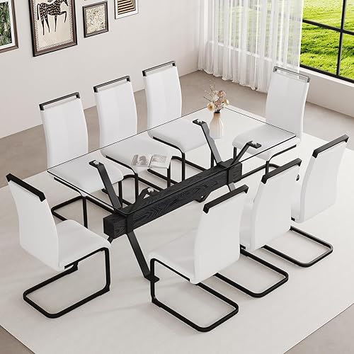 Miniatura 31 de Juego de mesa de comedor de cristal de 71 pulgadas para 6 personas | Juego de mesa de comedor moderno para 6 con sillas de piel sintética | Mesa de