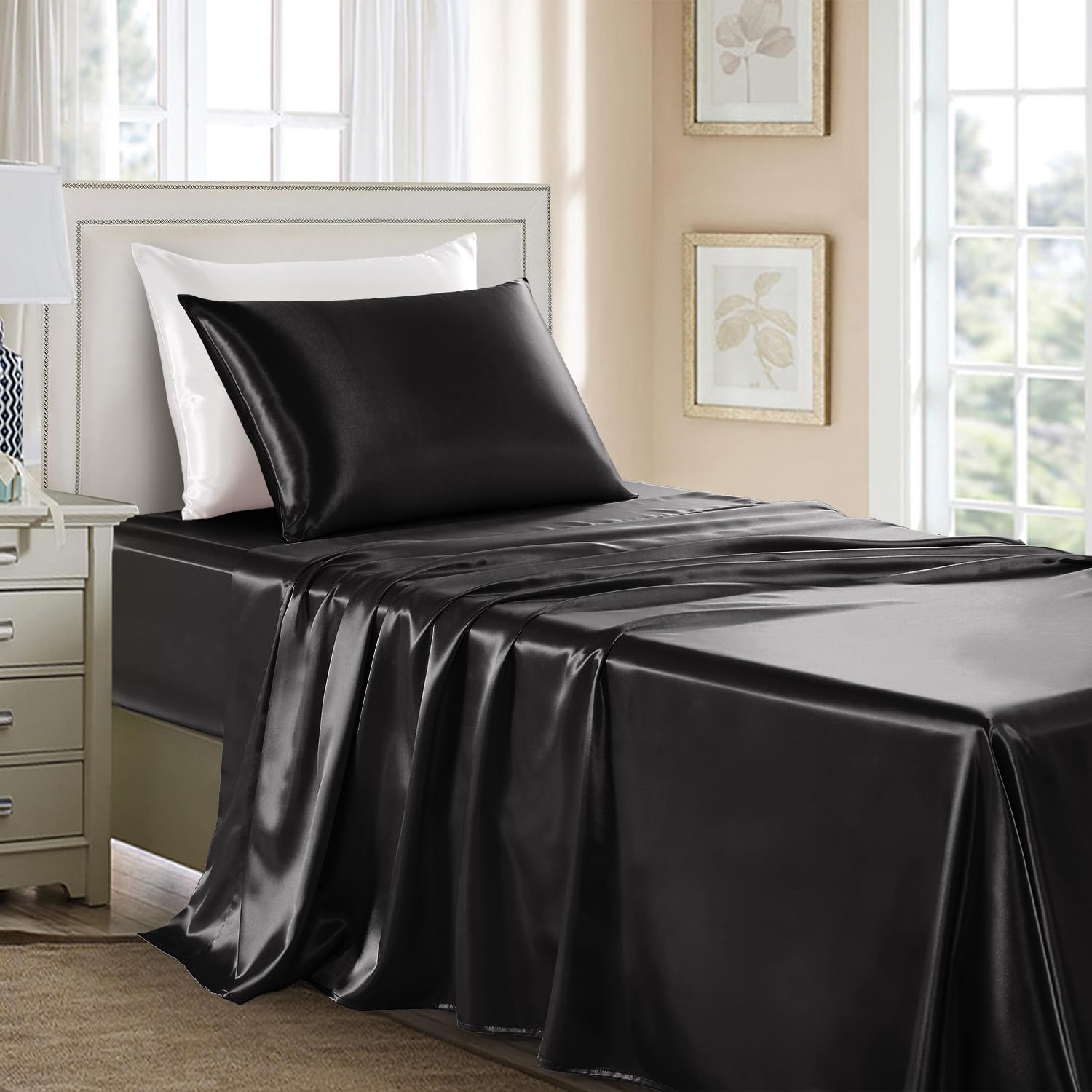 Satin Sheets Twin Size - 3 Pieces Luxury Silky Soft Bed Sheets for Kids, Wrinkle-Free Black Satin Silk Sheet Set with 1 Deep Pocket Fitted Sheet, 1 Flat Sheet, 1 Pillow case Twin Black