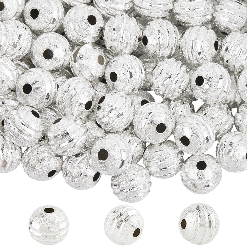1 Box 150PCS Silver Plated Brass Round Textured beads with Holes Ribbon Pattern Metal Spacer Long Lasting Rondelle Connector Loose Bead for Jewelry Making Bracelet Necklace Diy Craft Supply