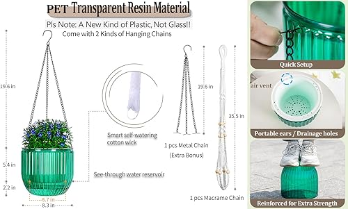 Miniatura 7 de Melphoe 1 paquete de macetas colgantes de riego automático para interiores, cesta colgante de 8.3 pulgadas para exteriores, con colgador adicional