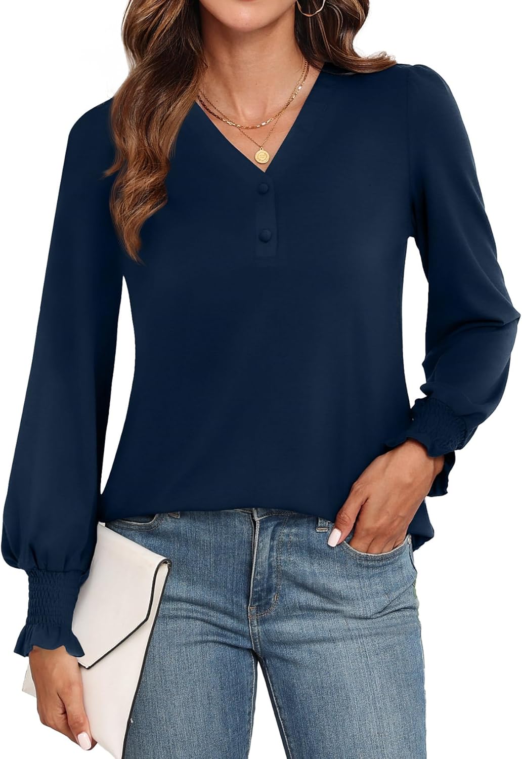 WEACZZY Womens Tops Long Sleeve Fall Shirts for Women Dressy Casual Button V Neck Tunic Blouse Ruffle Cuffs T-Shirts 2025 - Image 2