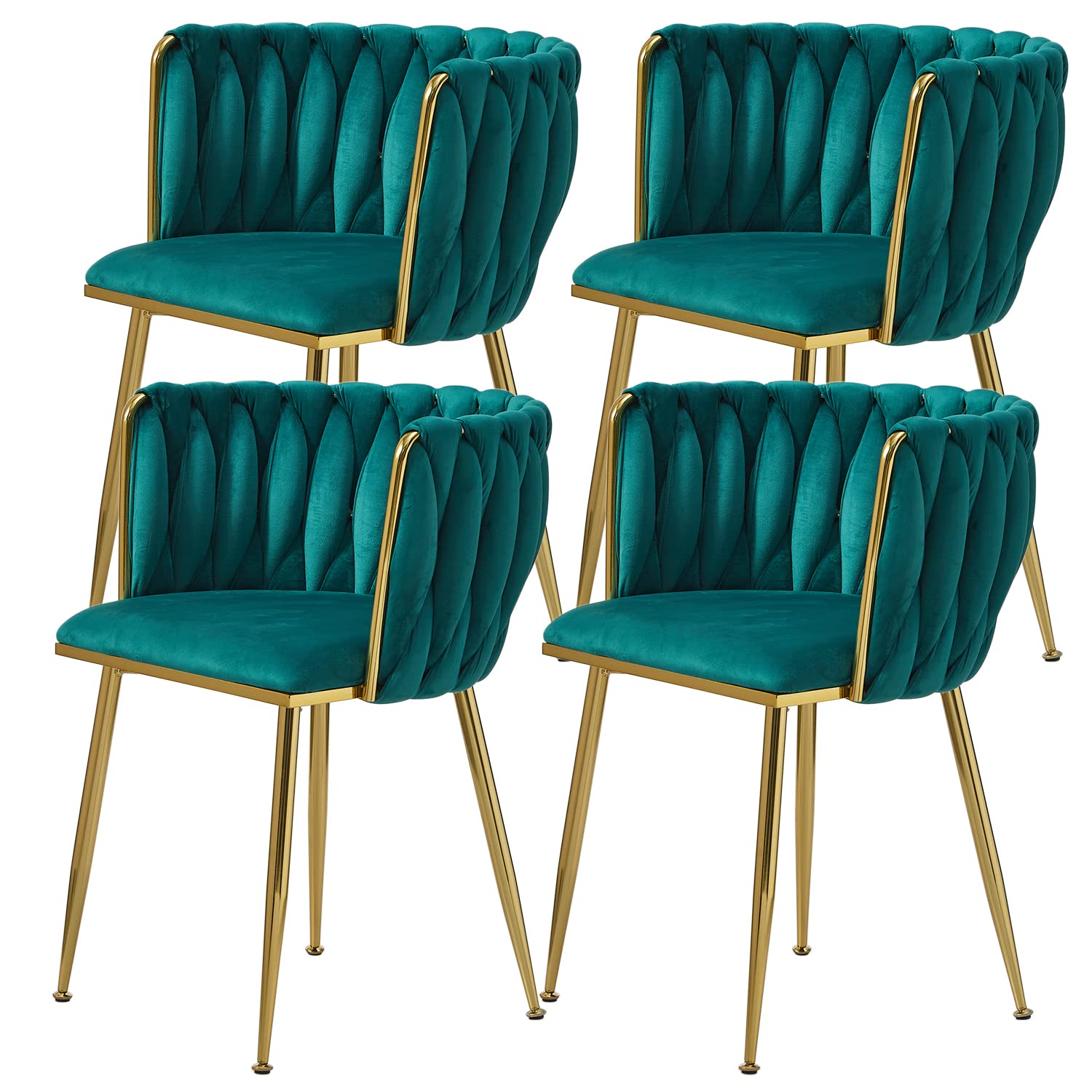 Tsuysi Velvet Dining Chairs Set of 4, Modern Upholstered Dining Room Chairs with Golden Metal Legs and Woven Backrest for Dining Room, Kitchen, Vanity