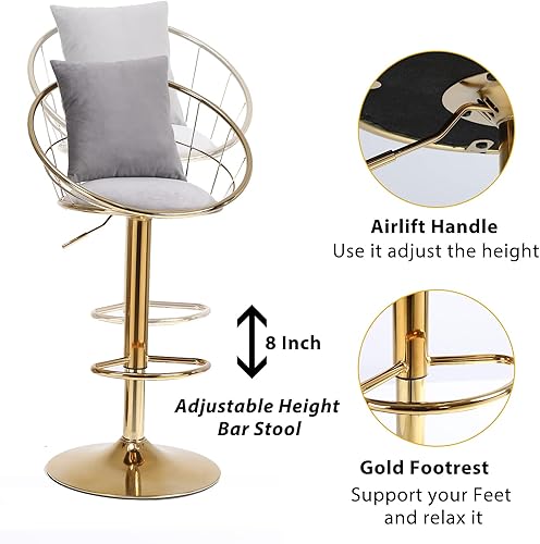 Miniatura 6 de Binrrio Taburetes de bar giratorios de terciopelo con respaldo bajo y reposapiés taburetes de bar ajustables con almohada taburete de bar dorado de