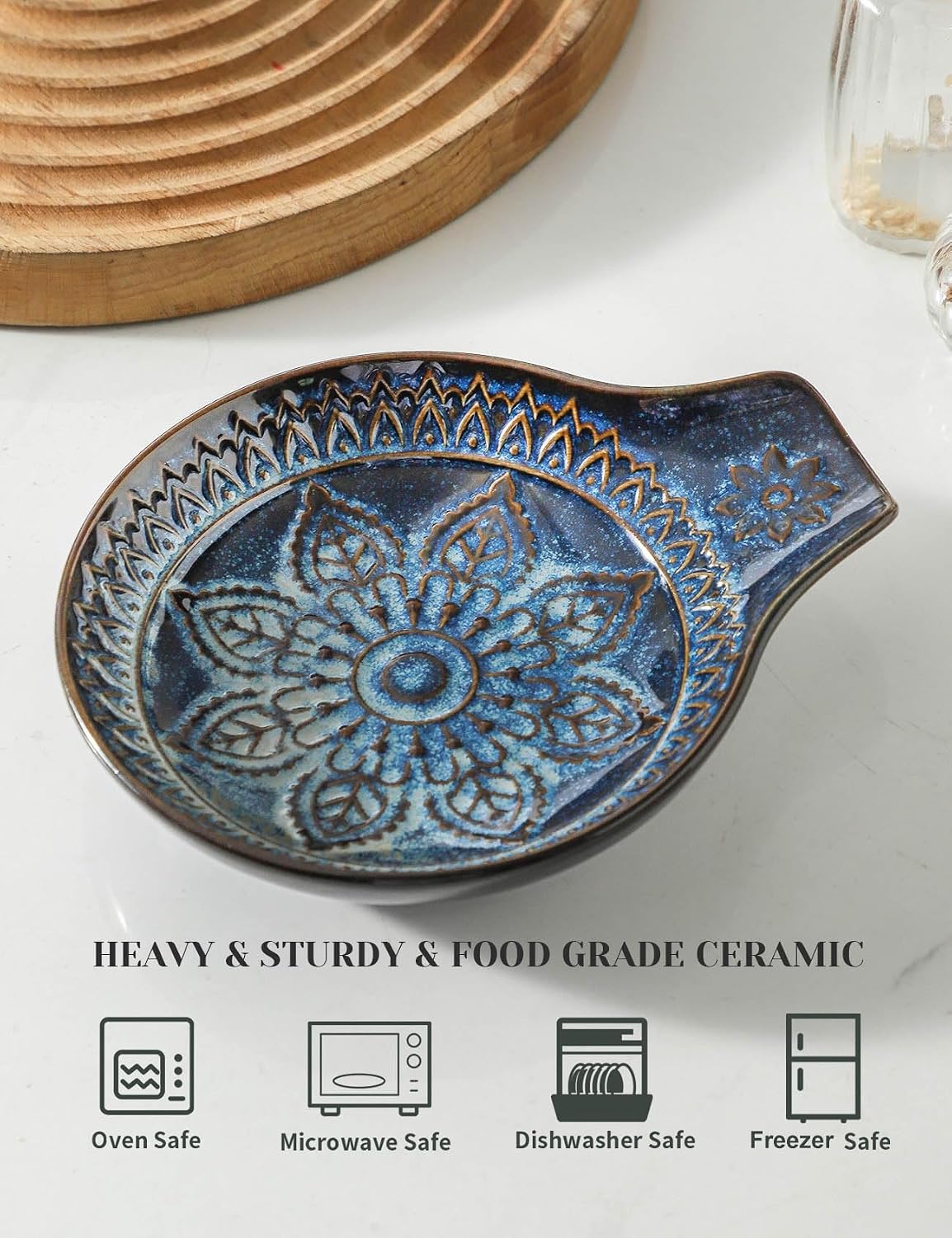 Glazed Blue Spoon Rest for Stove Top, Ceramic Spoon Holder for Kitchen Counter, Cooking Utensil Rest with Stackable Design for Spatula,Spoons, Ladles