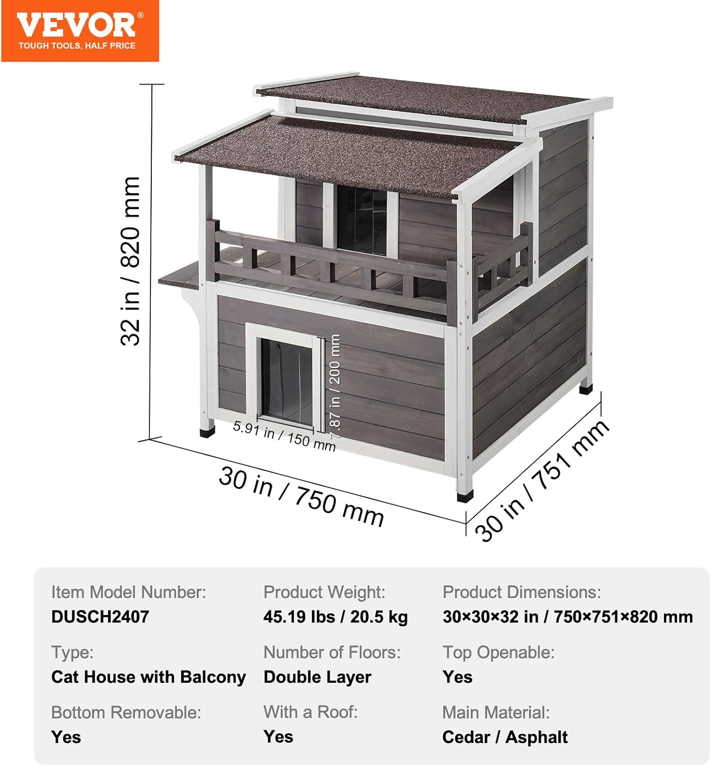 VEVOR Outdoor Cat House Weatherproof, Feral Cat Shelter for Multiple Cats, 2-Story Large Outdoor Wooden Cat House with Balcony, Doors, PVC Door Flaps and Open Roof, 30" L x 30" W x 32" H