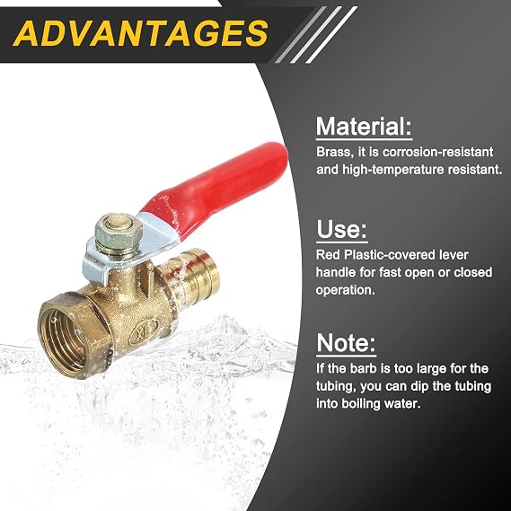 uxcell 2Pcs Brass Water Mini Ball Valve Shut Off Switch, G1/4 Female x 3/8 Hose Barb, 180 Degree Operation Handle, Brass Valve