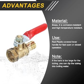 uxcell 2Pcs Brass Water Mini Ball Valve Shut Off Switch, G1/4 Female x 3/8 Hose Barb, 180 Degree Operation Handle, Brass Valve