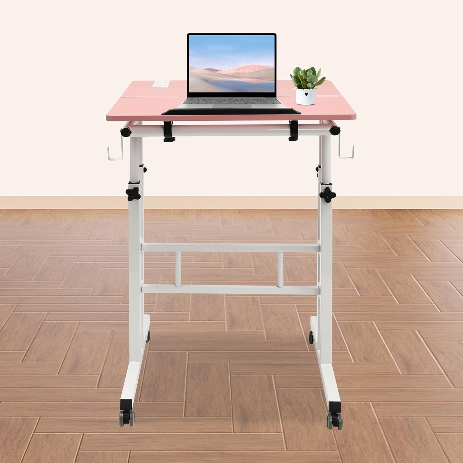 Small Adjustable Standing Desk, Mobile Stand Up Desk, Portable Rolling Desk, Mobile Standing Desk with Wheel USB Socket, Portable Stand Up Desk Computer Rolling Desk for Standing or Sitting (Pink)