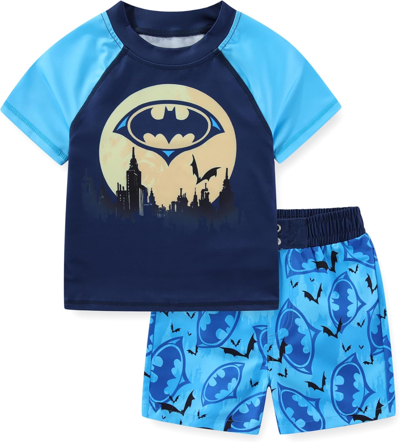 WARNER BROS Batman Boys UPF 50+ Rash Guard Shirt and Swim Trunks Shorts Swimwear Set Swimsuit for Toddler and Big Kids