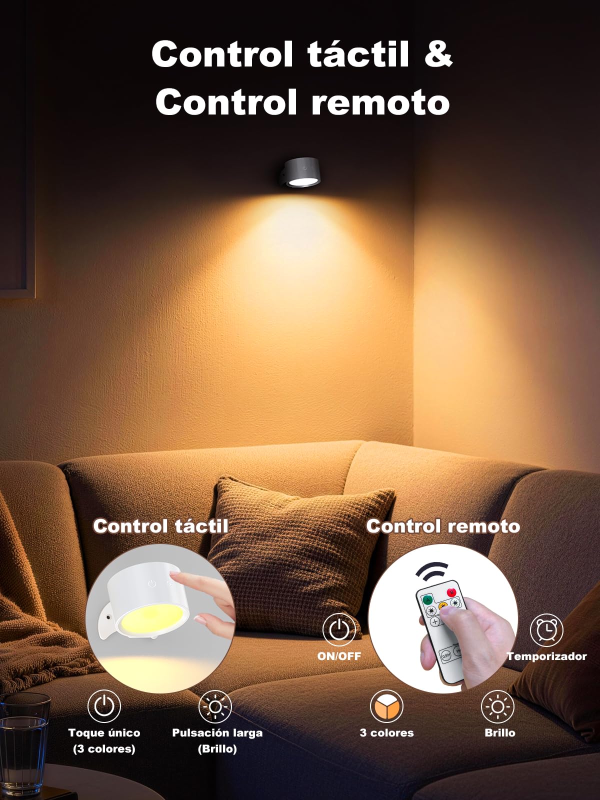 Smiling Shark Apliques Pared Interior sin Cable 2 Piezas, Apliques Pared Recargable Tactil con Mando 360° Regulable Magnetica Lamparas de Pared sin Cable para Dormitorio Salon Habitacion, Blanco