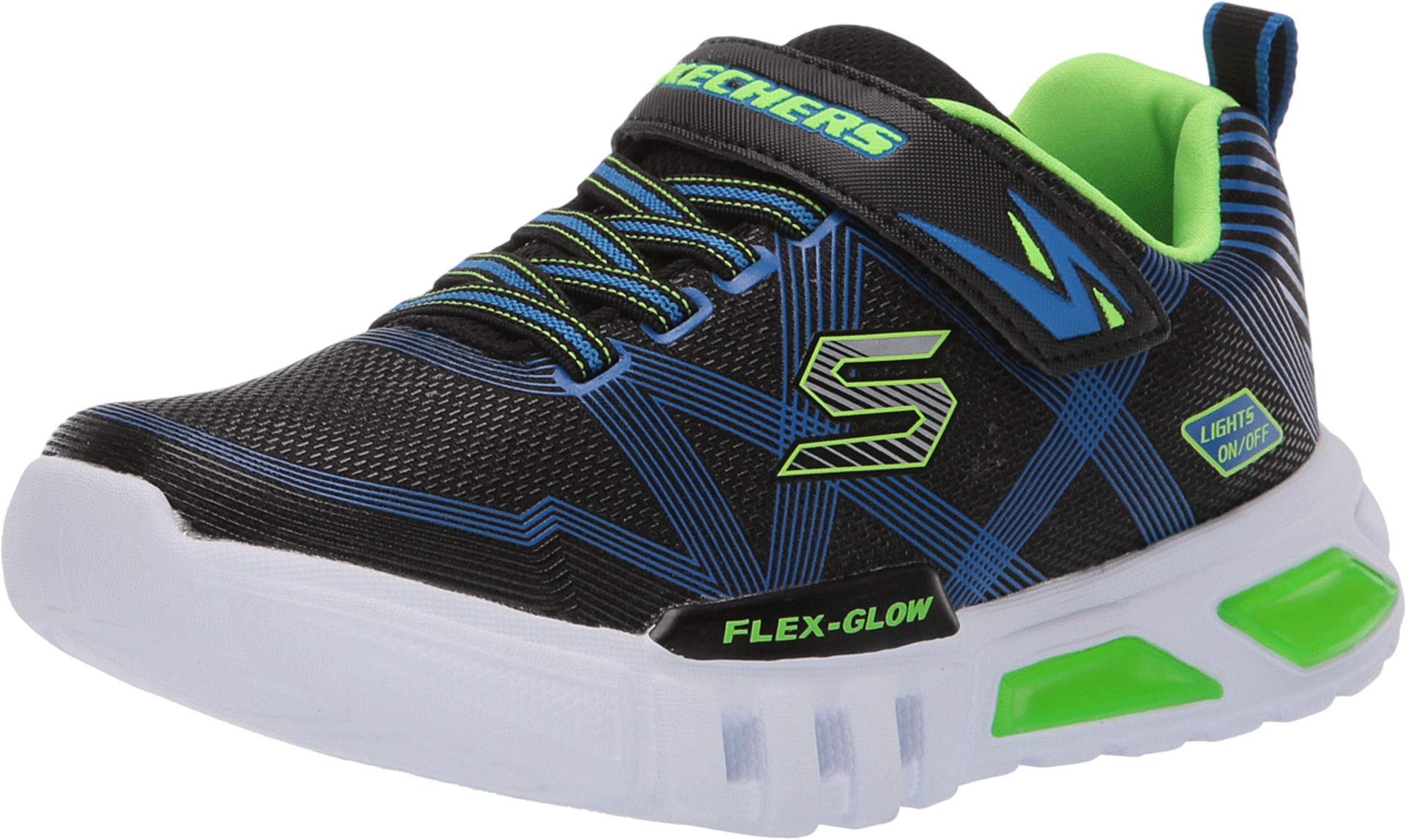 Skechers FLEX-GLOW, Zapatillas para Niños, Black Textile/ Synthetic/ Blue & Lime Trim, 34 EU