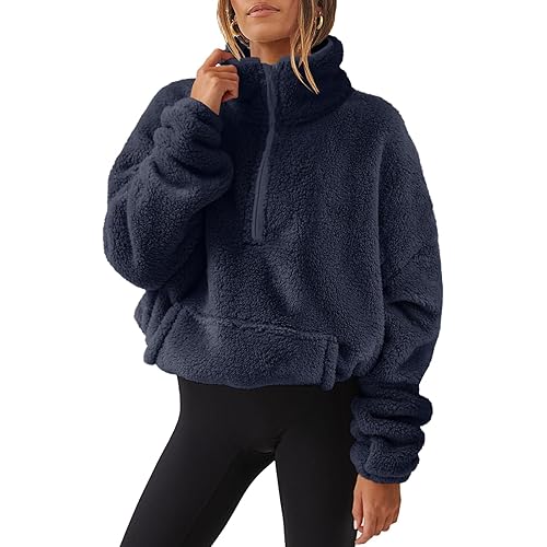 ANRABESS Women Long Sleeve Oversized Half Zip Fleece Sweatshirt Soft Sherpa Fleece Pullover Top With Pockets