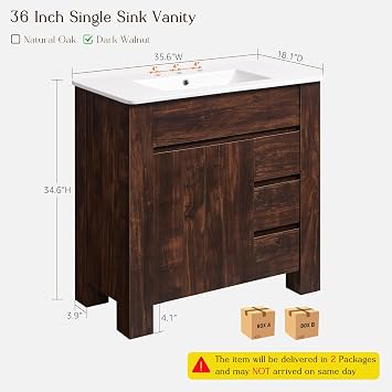 T4TREAM 36 Inch Bathroom Vanity with Sink, Modern Single Sink Bathroom Vanity, Large Bathroom Drawered Cabinet with Handle-Free Design, Dark Walnut