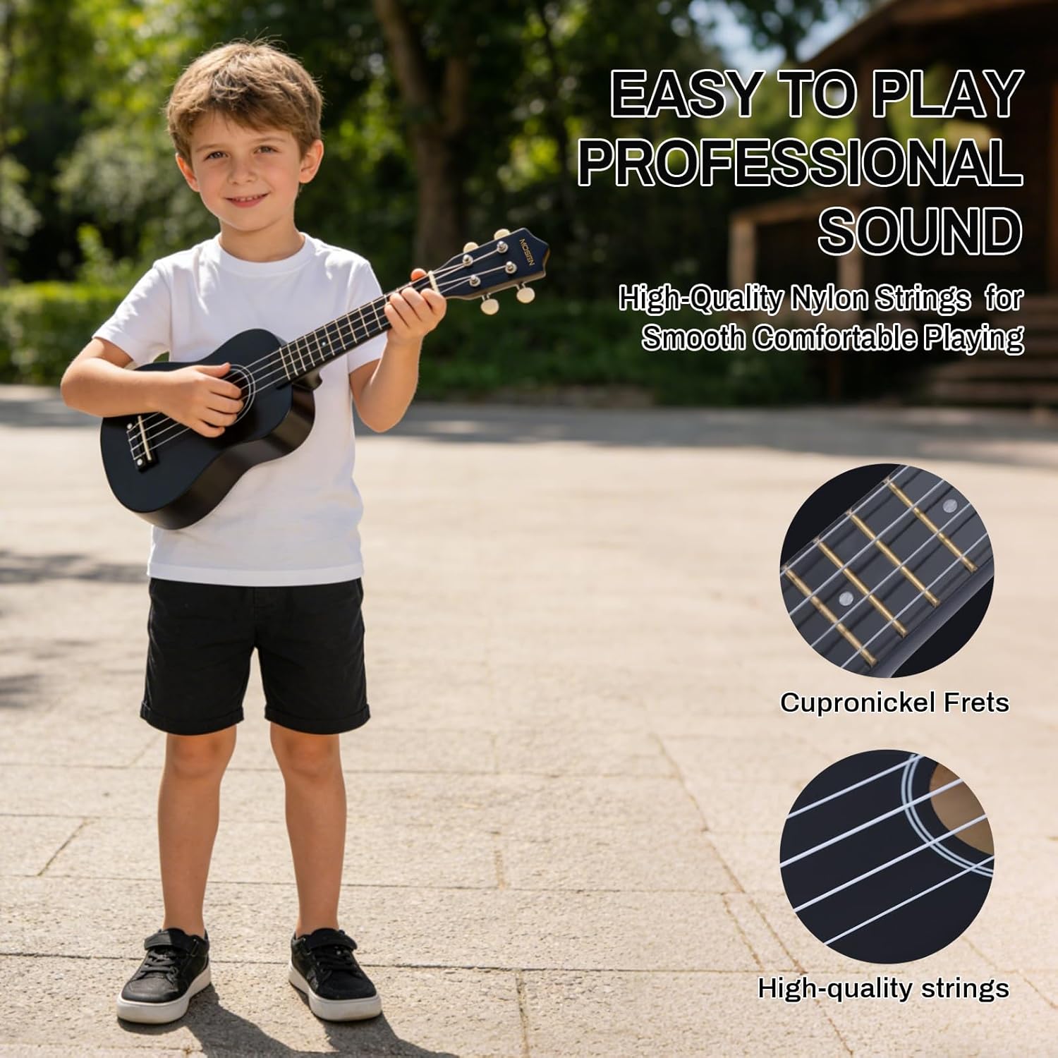 MOSEN Ukulele for Beginners 21 Inch All in One Kit Beginner Professional Ukulele Including Straps, Strings, and Paddles (Black)
