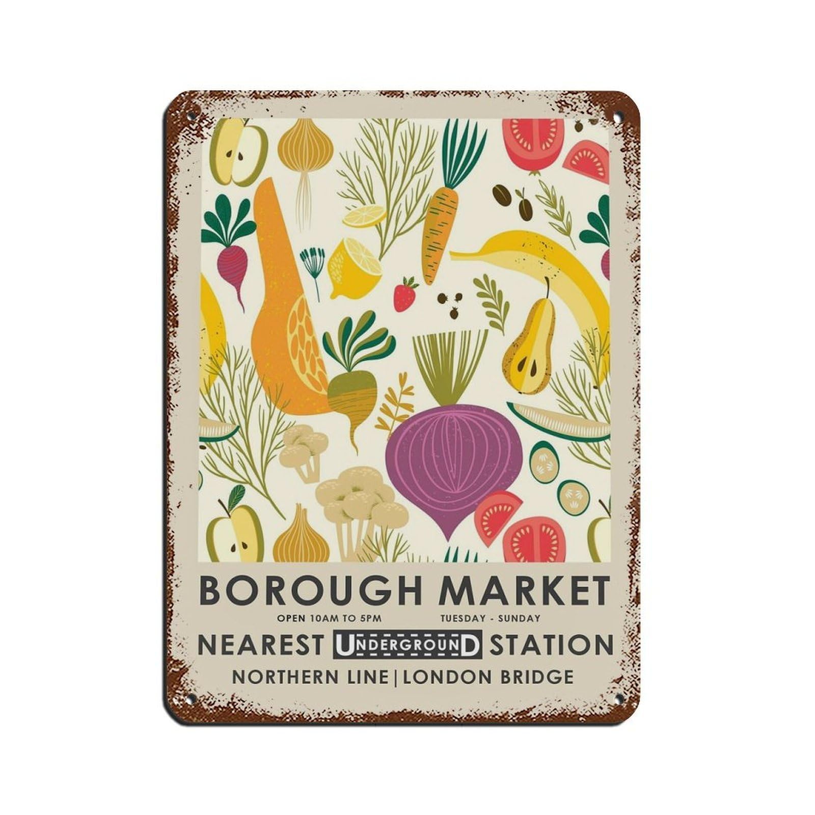 Borough Market, Kitchen Poster Tin Sign Vintage Metal Pub Club Cafe Bar Home Wall Art Decoration Poster Retro 12x16inch(30x40cm)