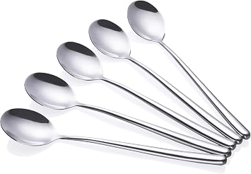 Korean Spoon,Stainless Steel Long Handle Soup Spoons,Long Tablespoon,Coffee Spoon,Silver,Pack of 5 8.7x1.6 inches