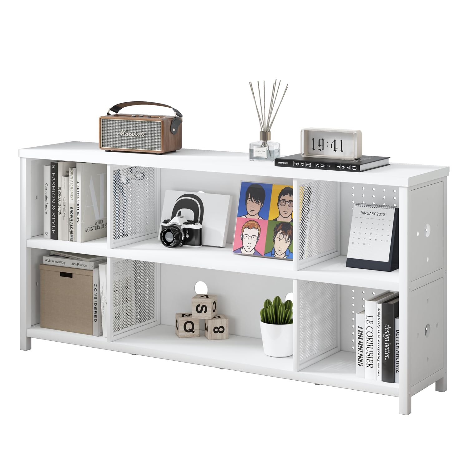LVB White Horizontal Bookcase, Modern Bookshelf Cube Storage Organizer, Farmhouse Wide Large Wood Metal Book Shelf, Industrial Low Long Cube Shelf for Office Home Bedroom Living Room, 160 CM