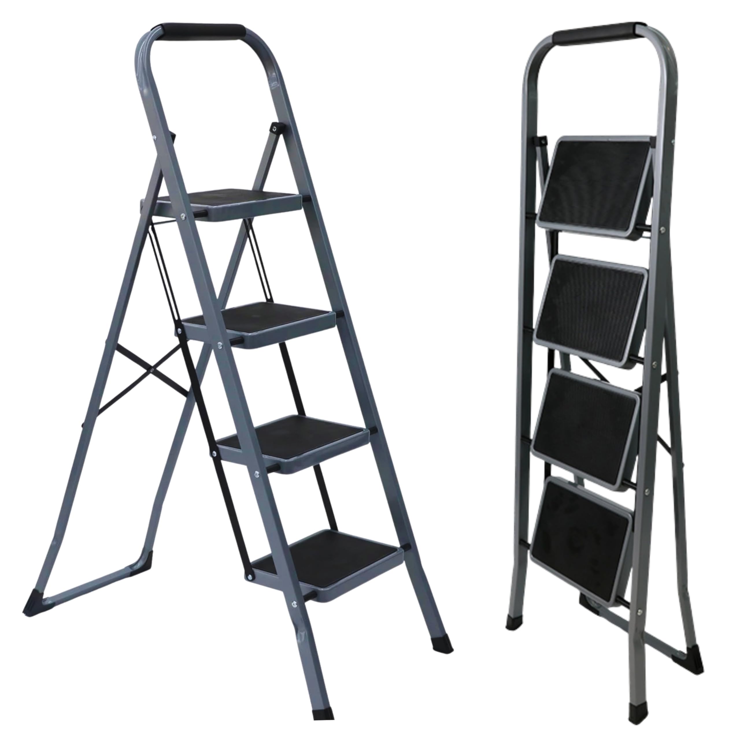 Escalera Plegable de Aluminio para hogar y Cocina, 4 peldaños, Gris, peldaños Anchos Antideslizantes, asa de Agarre cómodo, EN 131